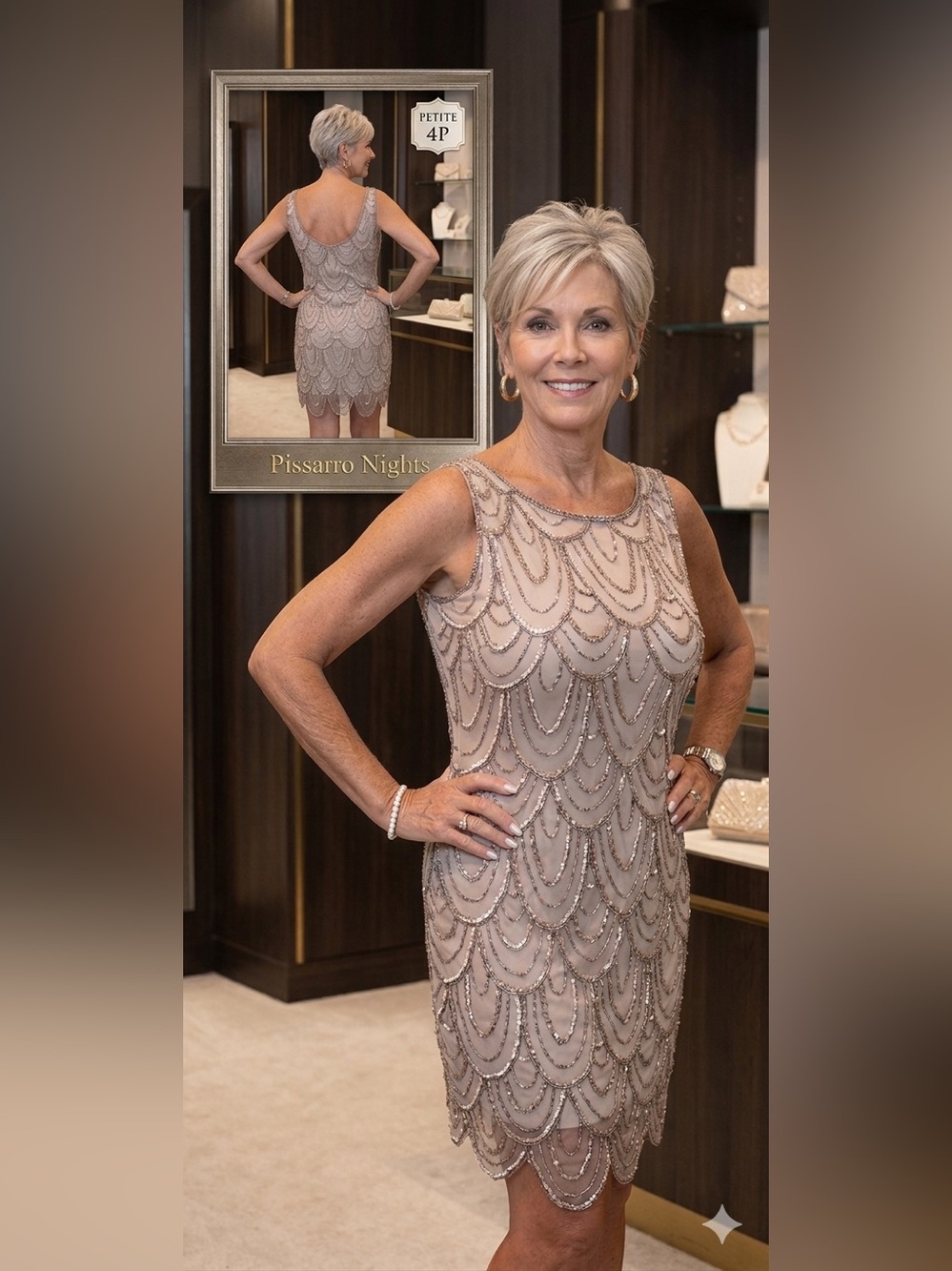 Pisarro Nights Rose gold beaded sheath cocktail dress. EUC retail $258 SZ 4P